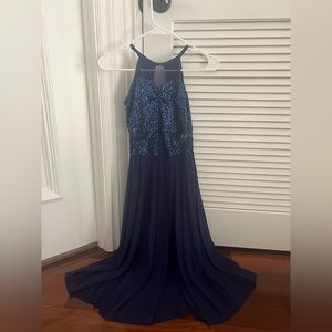 Navy blue sequin lyrical dance costume with long skirt
